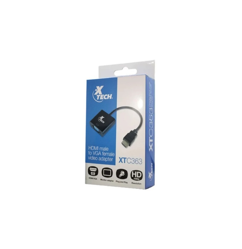 Adaptador HDMI Macho a VGA Hembra Xtech, Resolución 1080p, 5Gbps, 24 cm