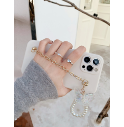 Carcasa Funda para iPhone con tira de mano de perlas y mariposa