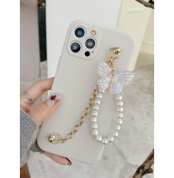 Carcasa Funda para iPhone con tira de mano de perlas y mariposa