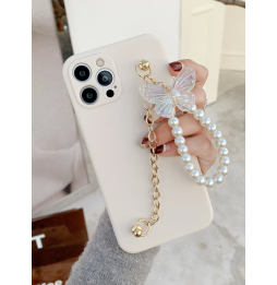 Carcasa Funda para iPhone con tira de mano de perlas y mariposa