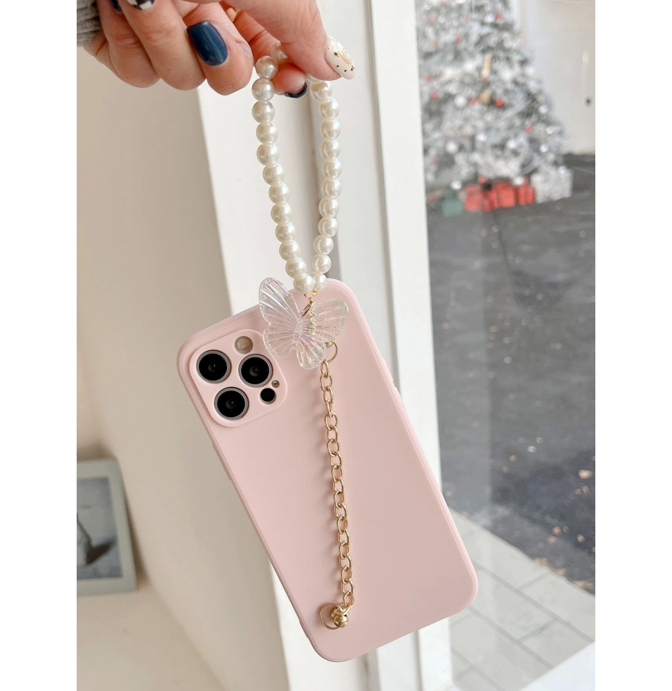 Carcasa Funda para iPhone con tira de mano de perlas y mariposa