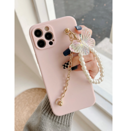 Carcasa Funda para iPhone con tira de mano de perlas y mariposa