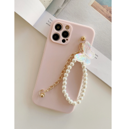 Carcasa Funda para iPhone con tira de mano de perlas y mariposa
